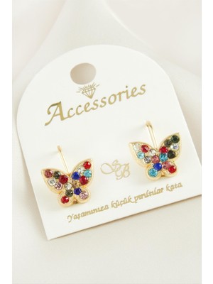 Zero Land Snmswrld Kelebek Taşlı Klipsi Küpe-Renkli