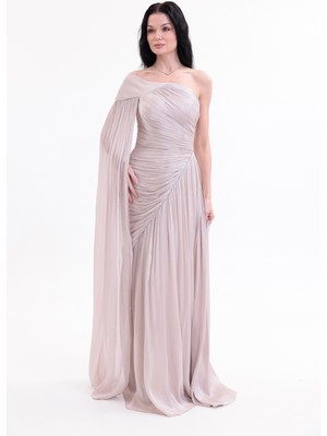 Bdm Exclusive Parlak Şifon Drape Kollu Tek Omuz Premium Abiye Elbise