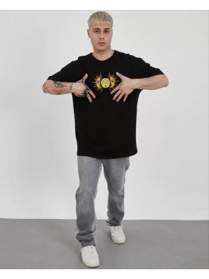 Unisex Bisiklet Yaka Baskılı Oversize T-Shirt - Siyah