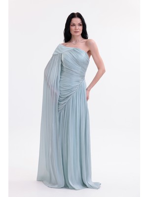 Bdm Exclusive Parlak Şifon Drape Kollu Tek Omuz Premium Abiye Elbise