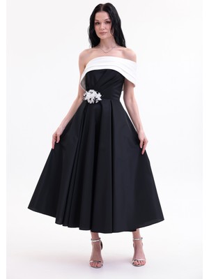 Bdm Exclusive Tafta Çiçek Detaylı Off-Shoulder Premium Abiye Elbise