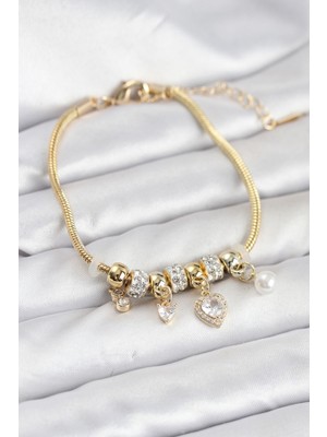 Vice Avm Pirinç Gold Renk Kalp Charmlı Kadın Bileklik - TJ-BB8209 TG-V 12589