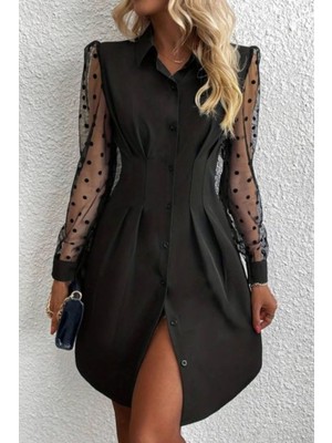 Hiccup Kadın Janes Puantiyeli A Kesim Midi Elbise, Düğmeli Kapatma Siyah