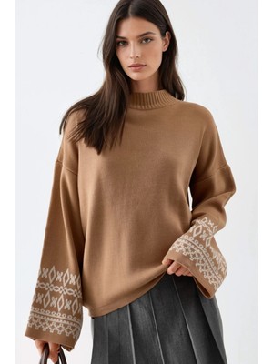 Hiccup Kadınlar MY FASHION Bisiklet Yaka Jakarlı Triko Kazak Deve Kahvesi