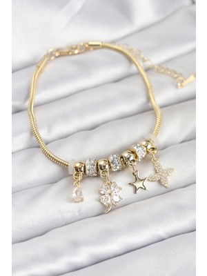 Vice Avm Gold Renk Pirinç Yonca Charmlı Kadın Bileklik - TJ-BB8203 TG-V 12583