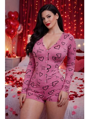 Byen Giyim Romantik Love Kalpli Pembe Tulum – 14 Şubat’a Özel Şık Ev Giyim