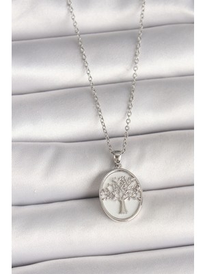 Ayder Timya 316L Çelik Gümüş Renk Zincir Zirkon Taş İşlemeli Beyaz Mineli Ağaç İşlemeli Portre Model Kadın Kolye - TJ-BKO9983 TG/Tmya1395 220635