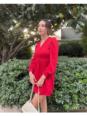 Kendim Fashion Kadın Uzun Kollu V Yaka Belden Hafif Pileli Scuba Krep Mini Boy Elbise