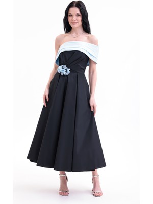 Bdm Exclusive Tafta Çiçek Detaylı Off-Shoulder Premium Abiye Elbise