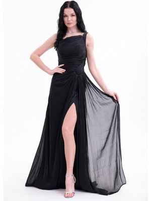 Bdm Exclusive Parlak Şifon Drape Detaylı Tek Omuz Yırtmaçlı Premium Abiye Elbise