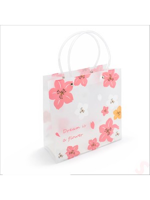 Süsle Bebek ve Parti Mat Şeffaf Pvc Çiçek Desenli Hediye Çantası 24×22×10 cm – Pembe
