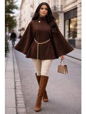 ME & ME Gold Metal Düğme ve Zincir Kemerli Şık Panço