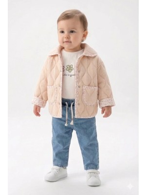 Mini Baray Kız Bebek Mevsimlik 3'lü Kombin - Çift Taraflı Kapitone Montlu Kot Takım  - Bej