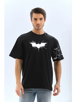 Unisex Ön ve Kol Baskılı Oversize T-Shirt - Siyah