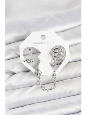 Vice Avm Pirinç Gümüş Renk Sarmal Model Zincir Bağlantılı Ear Cuff Küpe Seti - TJ-BKP11537 TG-V 12603