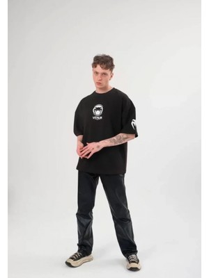 Unisex Bisiklet Yaka Baskılı Oversize T-Shirt - Siyah