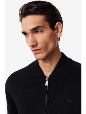 Lacoste Erkek Classic Fit Fermuarlı Kolej Yaka Pamuklu Yünlü Kalın Hırka Siyah