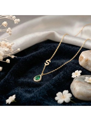 Aytoba 925 Ayar Gümüş Kişiye Özel 14 Ayar Altın Kaplama Gold Rengi Zirkonlu Damla Yan Harf Kolye