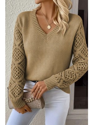 Hiccup Kadın Janes Kroşe Kollu V Yaka Örgü Kazak Kahve Kahvesi