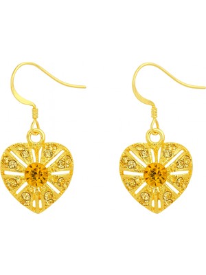 Tuqos Kadın Gold Renk  Zirkon Taşlı Klipsli  Rodyum Kaplama Kalp Küpe 2'li
