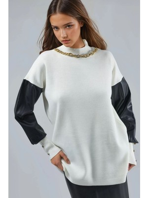 Hiccup Kadınlar MY FASHION Suni Deri Detaylı Kazak Tozlu Beyaz