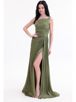 Bdm Exclusive Parlak Şifon Drape Detaylı Tek Omuz Yırtmaçlı Premium Abiye Elbise