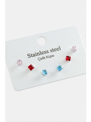 Zero Land Snmswrld 6 Adet Kare Zirkon Tek Taşlı Çelik Küpe-Renkli