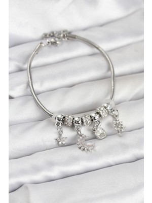 Vice Avm Pirinç Gümüş Renk Ay Charm Model Charmlı Kadın Bileklik - TJ-BB8174 TG-V 12554