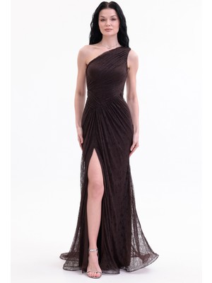 Bdm Exclusive Dantel Drape Detaylı Tek Omuz Yırtmaçlı Premium Abiye Elbise