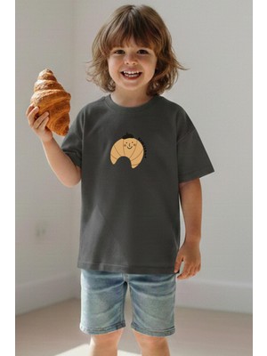 Monila Unisex Çocuk Pamuklu Kısa Kol Bisiklet Yaka T-Shirt Antrasit Renkli Günlük Stil