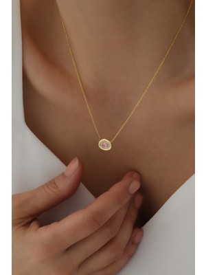 925 Ayar Gümüş Gold Kaplamalı Oval Tasarım Pembe Taşlı Kolye