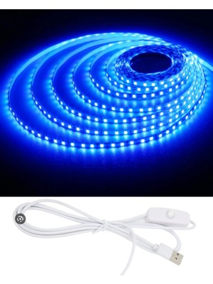 Powerr Led Aydınlatma 5 Metre 5 Volt 2835 Smd Mavi Iç Mekan 60 Ledli Şerit USB Li Anahtarlı Beyaz Güç Kablosu Set