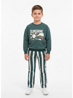 Pini Co Erkek Çocuk Yeşil Sunshine Baskılı Sweatshirt ve Çizgili Pantolon Takımı