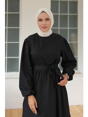 Etiler Collection Kadın Uzun Kol Bisiklet Yaka Belden Bağlamalı Elbise