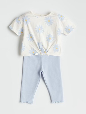 Lc Waikiki Yeni Sezon Bisiklet Yaka Çiçekli Kız Bebek Tişört ve Tayt 2'li Takım