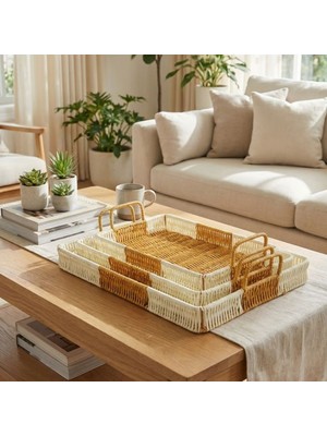 urfakent bilişim ve medya danışmanlık Buffer® Iç Içe Geçebilen 3’lü Dikdörtgen Plastik Rattan Tepsi Seti–çift Renkli Hasır Görünümlü Çok Amaçlı Servis ve Sunum Tepsileri