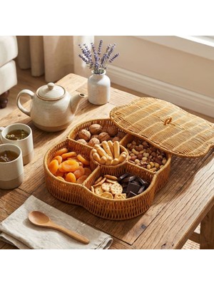 urfakent bilişim ve medya danışmanlık Buffer® Kapaklı 5 Bölmeli Plastik Rattan Organizer Kutu – Hasır Desenli Çok Amaçlı Saklama ve Sunum Sepeti Çerezlik