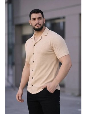 Erkek Waffle Kumaş Kısa Kollu Düğmeli Açık Yaka Regular Fit Gömlek - Bej