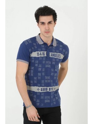 Erkek Yakalı Slim Fit Baskılı T-Shirt - Mavi