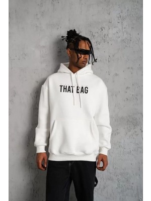 Erkek Kanguru Cep Baskılı Kapüşonlu Sweatshirt - Beyaz