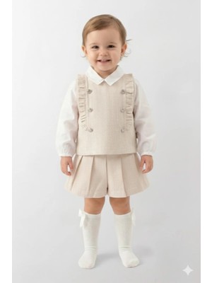 Mini Baray Kız Çocuk Chanel Stil Tüvit Yelek ve Şort Takım - Bej
