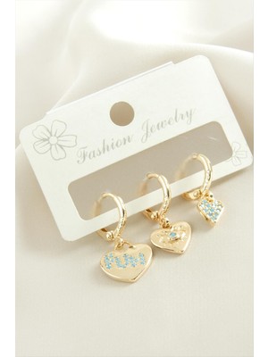 Zero Land Snmswrld 3 Adet Kalp Zirkon Taşlı Küpe-Sarı