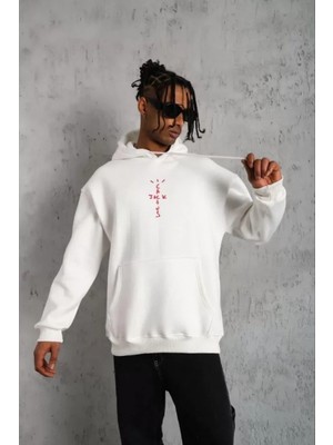 Erkek Kordonlu Arka Maske Kordon Saçlı Kapüşonlu - Beyaz