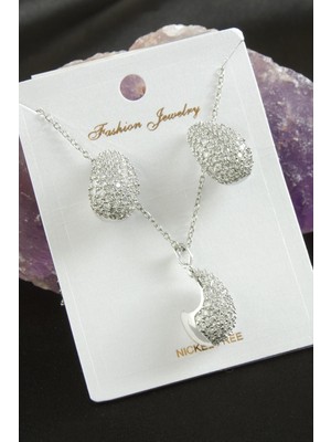 Zero Land Snmswrld Oval Zirkon Taşlı Lüks Set Kolye-Gümüş Rengi