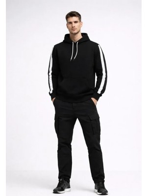 Erkek Şeritli Kapüşonlu Sweatshirt Oversize 3 Iplik Pamuklu - Siyah