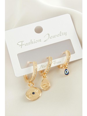 Zero Land Snmswrld 3 Adet Göz Zirkon Taşlı Küpe-Sarı