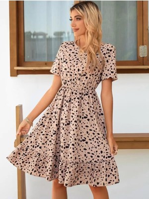 Etiler Collection Kadın Kısa Kollu Bisiklet Yaka Desenli Süprem Elbise