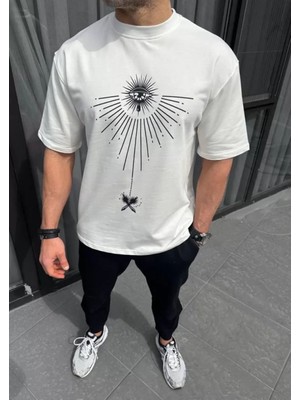 Unisex Bisiklet Yaka Baskılı Oversize T-Shirt - Beyaz