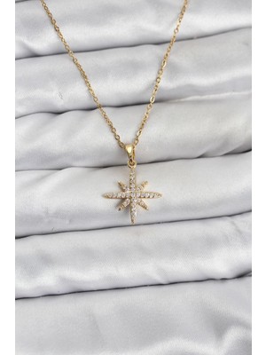 Vice Avm 316L Çelik Zincir Gold Renk Kutup Yıldızı Model Zirkon Taşlı Kadın Kolye  TG-VİCE10839 TG-V 12809