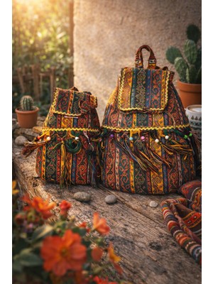 Seymen Bıçakçılık Etnik Desenli Sırt Çantası Seti (2’li) | Büyük ve Orta Boy Kumaş Sırt Çantası | Bohem Otantik Çanta